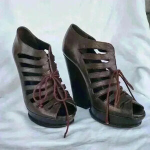 YVES SAINT LAURENT Brown Leather Lace-Up Caged Peep-Toe Heels | Gladiator Wedges